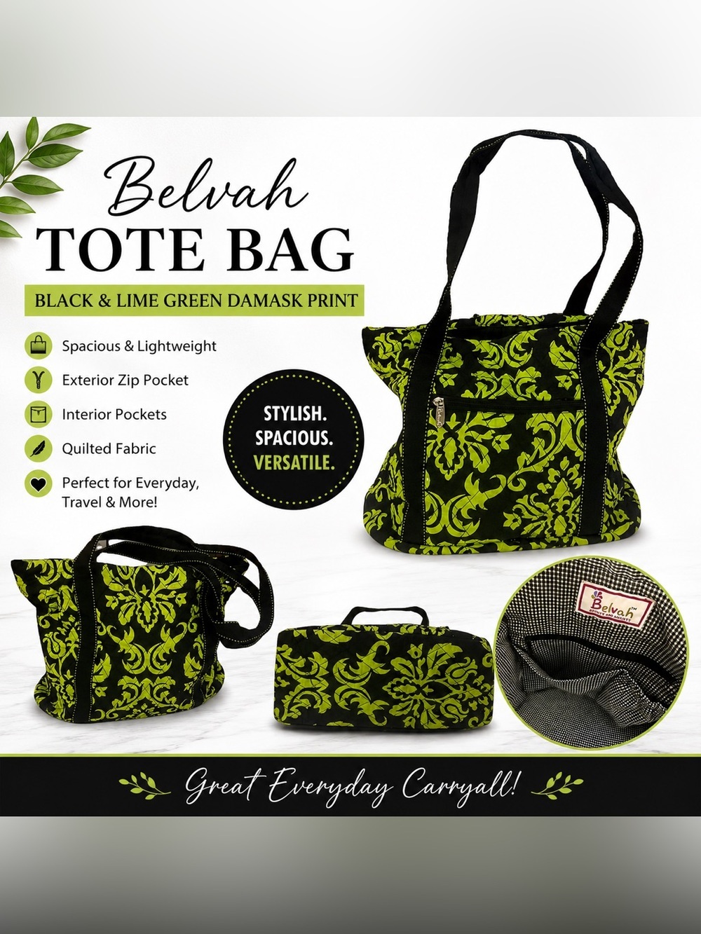 Belvah Black & Lime Green Damask Print Tote Bag | Large Quilted Shoulder Bag